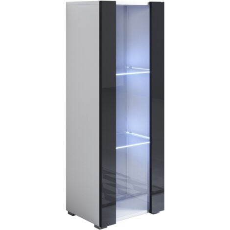 Vitrine avec pieds 2 cm avec LED  1 porte  Meuble de Rangement avec pieds  40 x 128 x 29cm  3 compartiments  Modèle Luke V2  Blanc et Noir Finition brillante