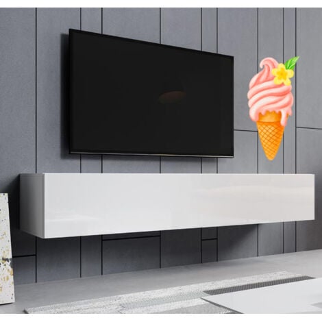 Meuble TV suspendu 1 porte  Meuble TV de salon  Blanc Finition brillante  Modèle Aitana M2  180x30x40cm