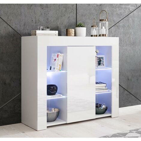 Buffet de salon bas  94x83x35cm  Meuble de rangement  Modèle Lilian  Couleur Blanc Finition Brillante