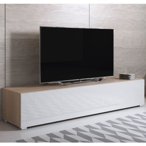 Meuble TV avec pieds 2cm  1 porte  Meuble TV de salon  160 x 32 x 40cm  Modèle Luke H2  Sonoma mat et Blanc Finition brillante