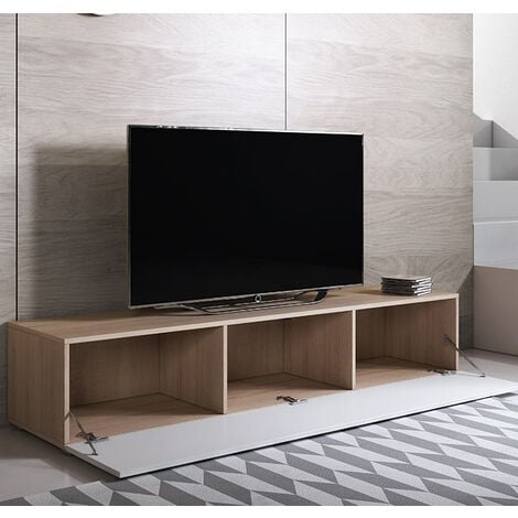 Meuble TV avec pieds 2cm  1 porte  Meuble TV de salon  160 x 32 x 40cm  Modèle Luke H2  Sonoma mat et Blanc Finition brillante
