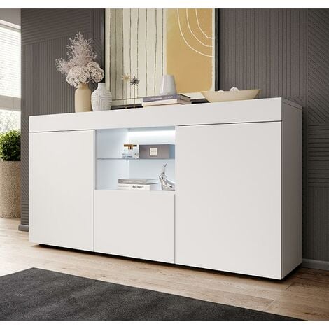 Buffet de salon bas avec LED bleue  135x72x34cm  Meuble de rangement  Modèle SEFORA  Couleur Blanc Finition Mat