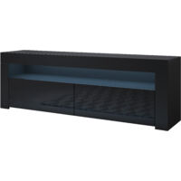 Muebles Bonitos – Meuble TV 2 portes avec éclairage LED RGB – Structure en mélamine brillante – Dimensions 140x50x35cm – Design contemporain noir