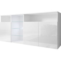 Muebles Bonitos – Buffet bas 3 portes avec LED – Dimensions 150x72x35cm – Finition mélamine brillante – Étagères en verre – Système d'ouverture push-click