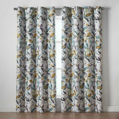 Giverny Floral Blackout Curtains Green 90x90 Thermal Effiencient Eyelet Curtain Pair