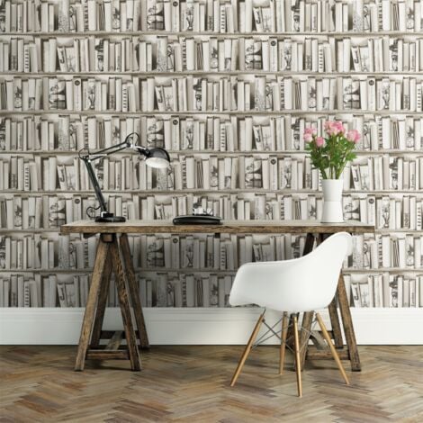 Novelties Encyclopedia Bookshelf Wallpaper Cream Beige 572217