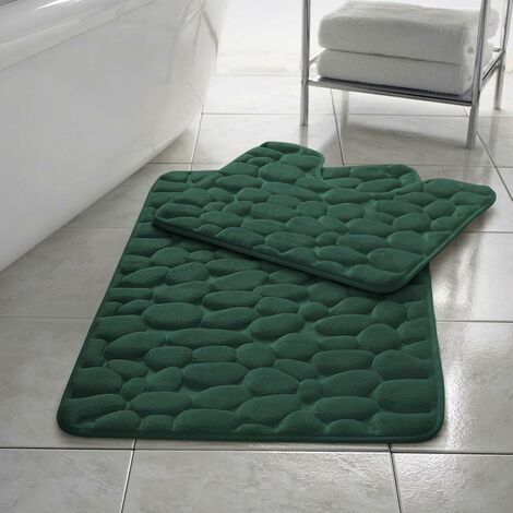 Pebbles Non- Slip Memory Foam Bath Mat/ Toilet Mat Set Dark Green