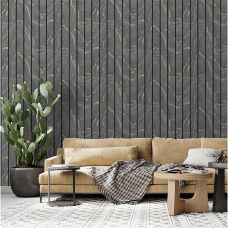 Woodgrain Panel Wallpaper Charcoal & Gold - 193503
