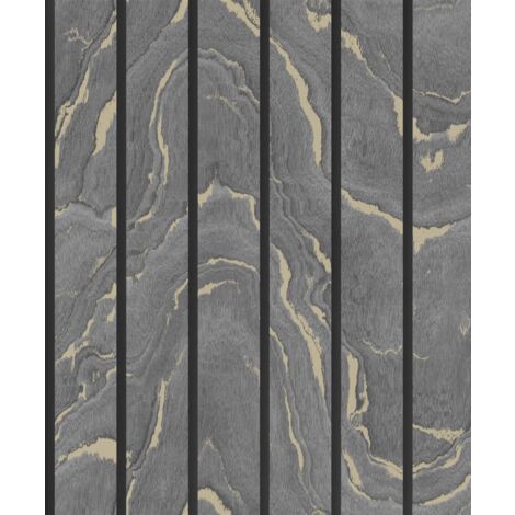 Woodgrain Panel Wallpaper Charcoal & Gold - 193503