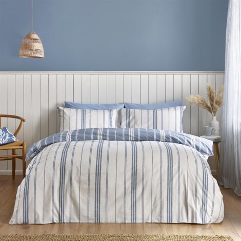 thumbnail interactive-video image 1 of Linen Loft Harbour Stripe Cushion Cover – 17×17 Denim Blue Nautical Design Square Throw Pillow 1 of 3