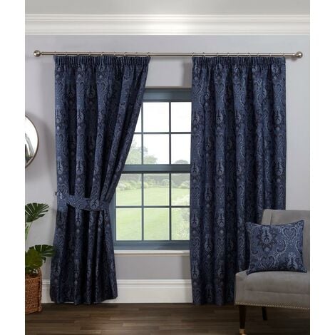 Tegola Pencil Pleat Curtain Pair Taped Top Ready Made Curtains Navy 46x90