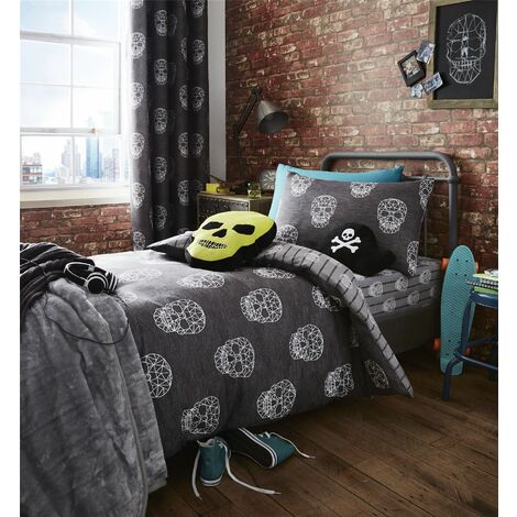 Catherine Lansfield Skulls Teenagers Single Quilt Duvet Cover & Pillowcase Bedding Bed Set Grey