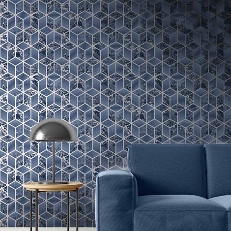 Elixir Cube Blue & Silver Geometric Marble Bedroom Wallpaper Living Room Wallpaper Rolls
