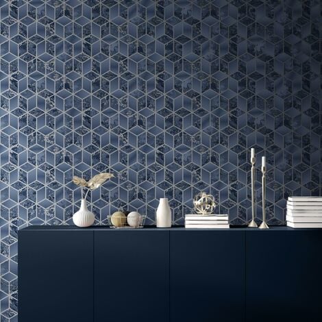Elixir Cube Blue & Silver Geometric Marble Bedroom Wallpaper Living Room Wallpaper Rolls