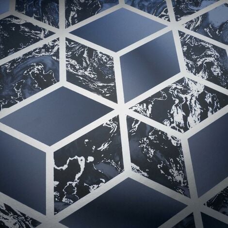 Elixir Cube Blue & Silver Geometric Marble Bedroom Wallpaper Living Room Wallpaper Rolls