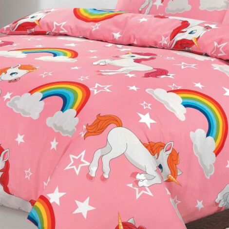 Kids Unicorn Duvet Cover Set Pink Bedding Rainbows and Stars Single