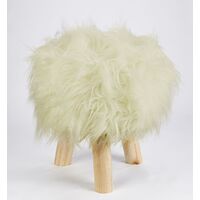 Footstool Pouffe Mongolian Faux Fur Wooden Leg Scandi Foot Stool Chair Cream