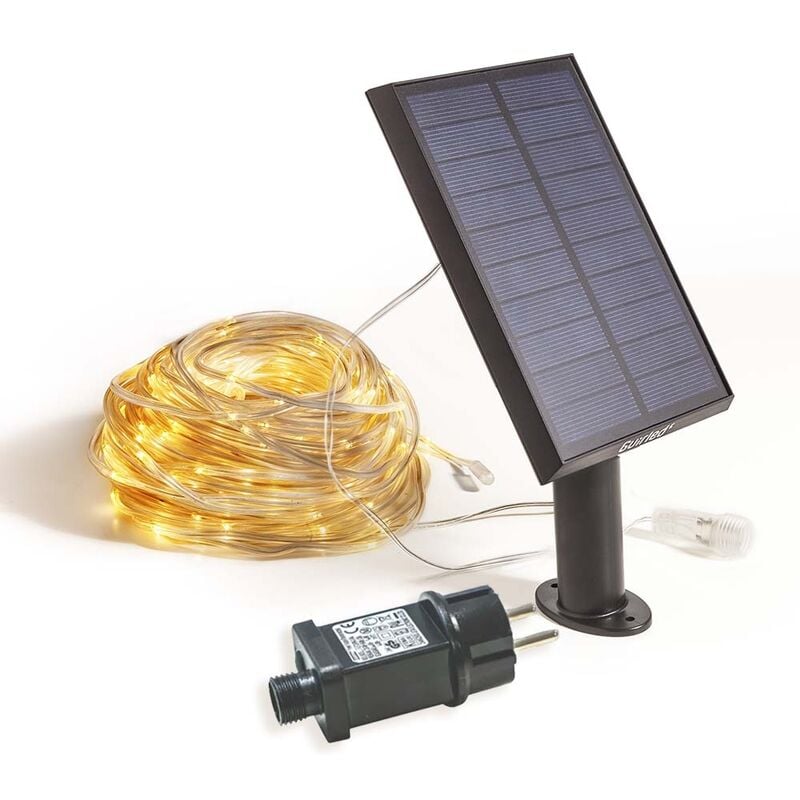 Chaîne lumineuse à panneau solaire blanc chaud avec transformateur et  support de batterie / 50 m