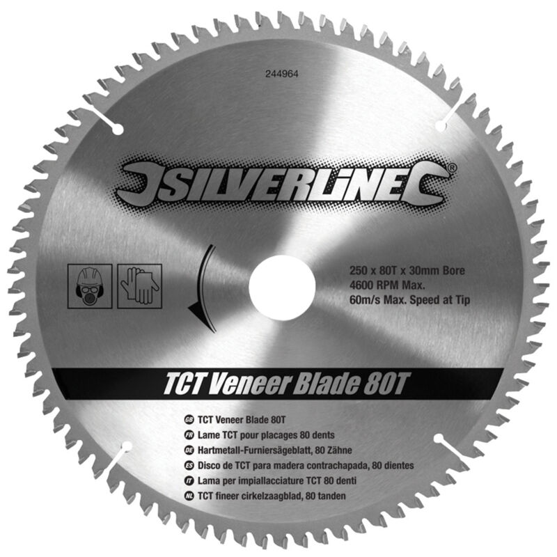 Lame TCT pour placages - 80 dents 250 x 30 - Bagues de 16, 20 et 25 mm