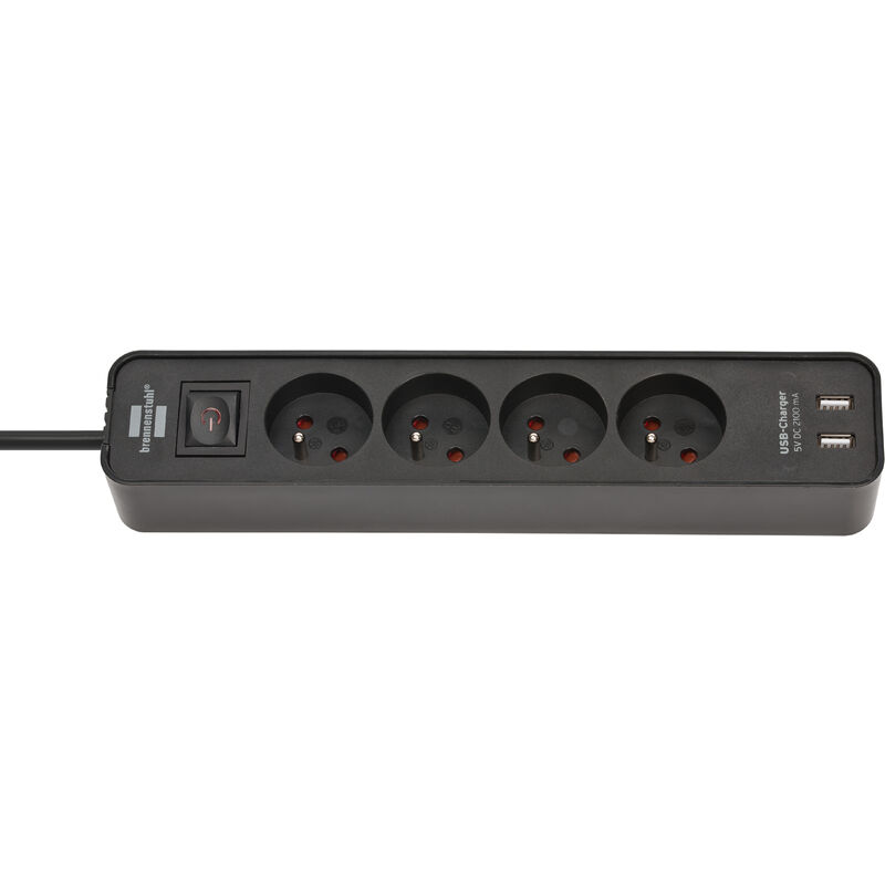 Multiprise Ecolor 4 prises avec interrupteur et 2 ports USB 5V DC 2,1A - 1,5m H05VV-F 3G1,0 NOIRE