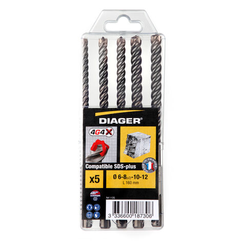 Diager – Coffret de 5 forets béton SDS+ 4 taillants – Longueur 160mm – Pour béton armé et maçonnerie – Compatible avec perceuses à percussion (1/5)