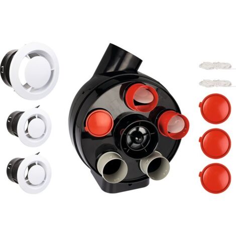Axelair – Kit VMC simple flux autoréglable 5 piquages – 3 bouches extraction Ø 80/125 mm – Débit 24 W-Th-C – Niveau sonore < 30 dB(A) – 12208