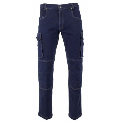 LMA – Jean de travail multipoches à genouillères en denim stretch – Ceinture élastiquée – 2 poches cuisses à soufflet – Norme EN 14404 niveau 1