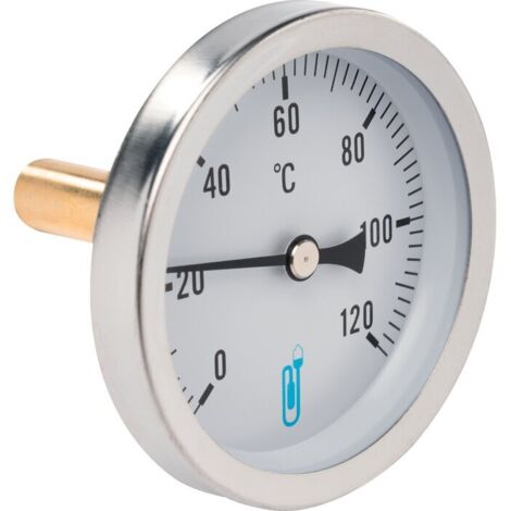 Distrilabo – Thermomètre bimétallique 63 mm – Sonde 100 mm – Plage de mesure 0 à 120°C – Tube fileté mâle 1/2” – Boîtier acier chromé