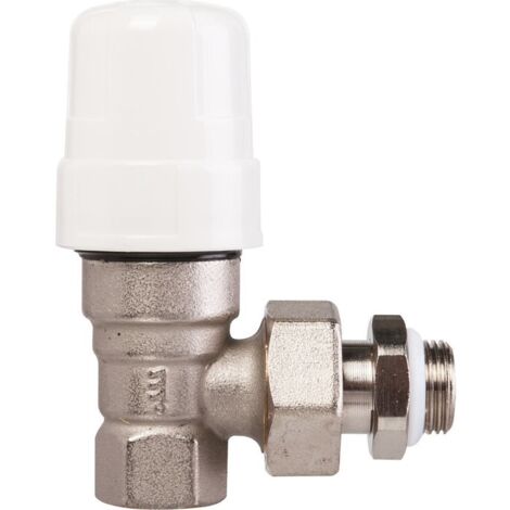 RBM – Robinet thermostatique équerre 1/2' – Corps laiton nickelé – Pression 1000 kPa – Température max 110 °C – Raccord fileté pour tubes acier