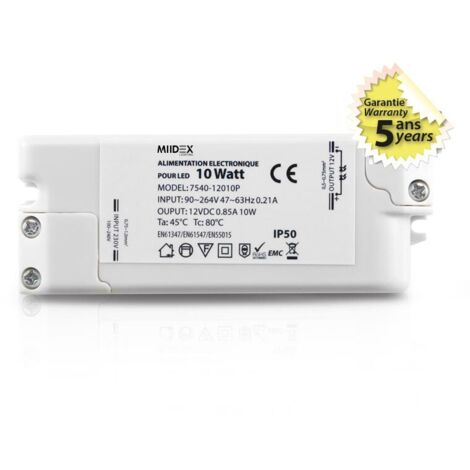 Transformateur pour luminaire 10W – Tension 12V DC – Intensité 0,85A – IP50 pour espaces confinés – Miidex Lighting (1/6)