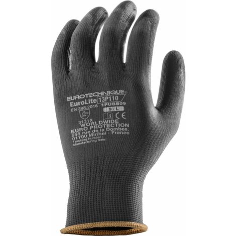 Gants Manutention EUROLITE 13P110 polyester noir end PU noir Taille 11