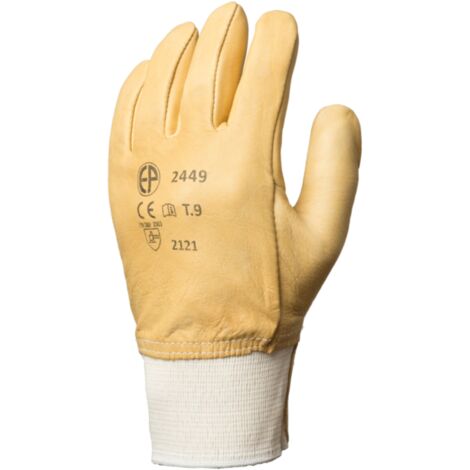 Gant de manutention en cuir vachette hydrofuge jaune – Pouce palmé et poignet tricot élastique – Confort et protection EPI II – Eurotechnique