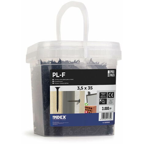 Index – Vis à plaque de plâtre 3,5 x 25 mm – Double filetage – Tête trompette – Phosphaté – Pour cloisons sèches – Seau plastique 100 pièces (1/4)