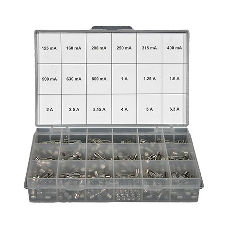 Coffret assortiment de 360 fusibles verres (20 pces de chaque calibre) 5x20 temporisés