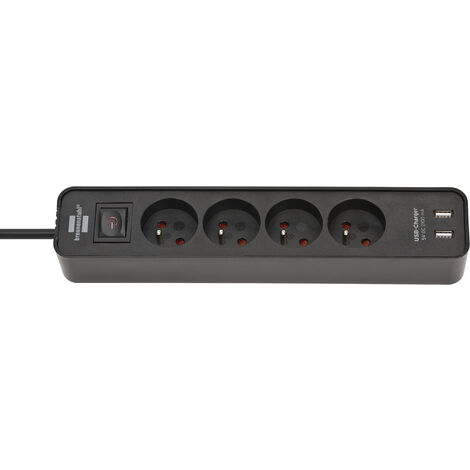 Multiprise Ecolor 4 prises avec interrupteur et 2 ports USB 5V DC 2,1A - 1,5m H05VV-F 3G1,0 NOIRE