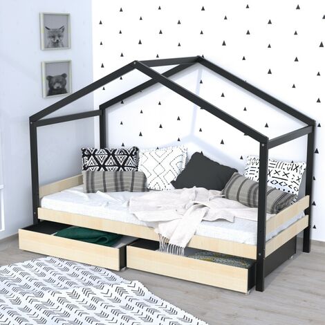 Hüttenbett ETOILE 90x190cm + 2 Schubladen / Roh und Schwarz/ 199x95x150 cm (1/3)