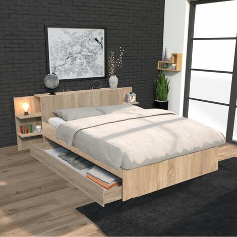 Bett CITY 140x190 + Kopfteil Nachttisch + 1 Schublade / Eiche gebleicht/ 216x216x80cm