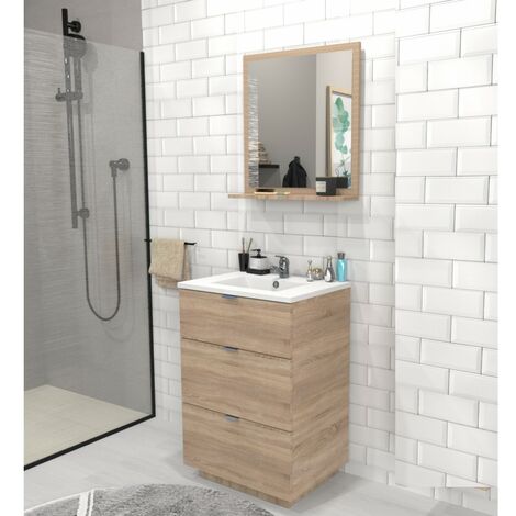Waschbeckenunterschrank mit 3 Schubladen MARBELLA 60 cm + Waschbecken / Gebleichte Eiche/