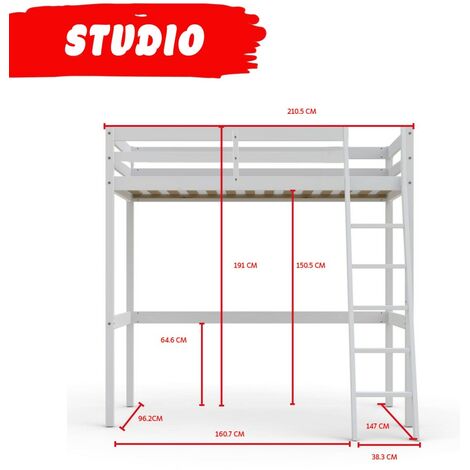 Hochbett STUDIO 90x200 + 1 Bettkasten / Weiß/ B209xT151xH195