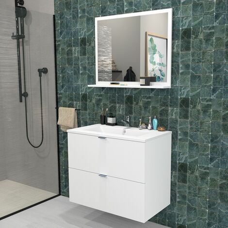 Waschbeckenunterschrank mit 2 Schubladen MALAGA 80 cm + Waschbecken + Spiegel / Weiss/