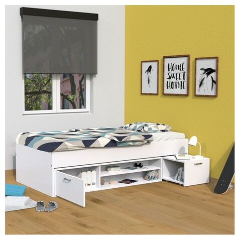 Bett TESS 90x200 + Nachttisch + Regal + Aufbewahrung / Weiß/ 205x97x49