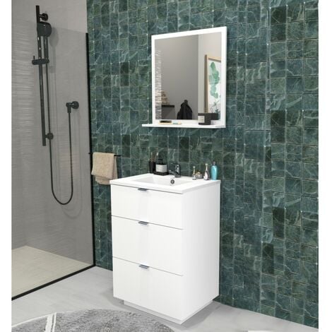 Waschbeckenunterschrank mit 3 Schubladen MARBELLA 60 cm + Waschbecken / Weiss/