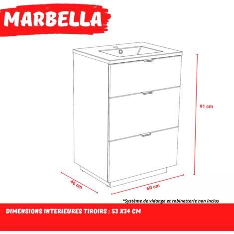 Waschbeckenunterschrank mit 3 Schubladen MARBELLA 60 cm + Waschbecken / Weiss/