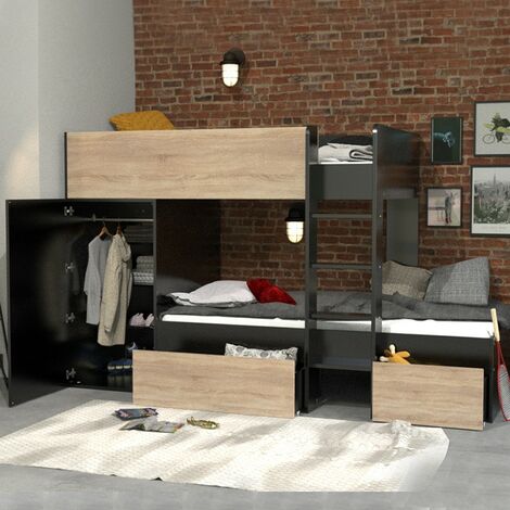 Etagenbett TWIN 90x190 mit Schrank und Schubladen + 2 Lattenroste / Schwarz und Gebleichte Eiche/ 252x111x145 cm