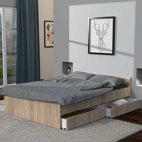 Bett KAPPA 140x190 cm + 2 Schubladen / Eiche gebleicht/ 195x145x59