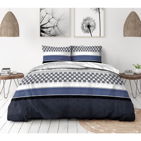 Housse de couette 3 pièces 100% coton 57 fils bleu 220 x 240 cm – Finition tissage serré – Taies avec fermeture portefeuille – Lovely Home (1/2)
