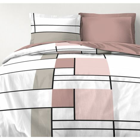 Housse De Couette 3 Pieces 80 Fils 2 Personnes 2x240 Cm Le Geometrique Rose Blanc Taupe