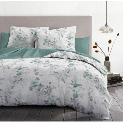 Parure de couette 3 pieces coton 57 fils vert 220x240 cm - POMPADOUR