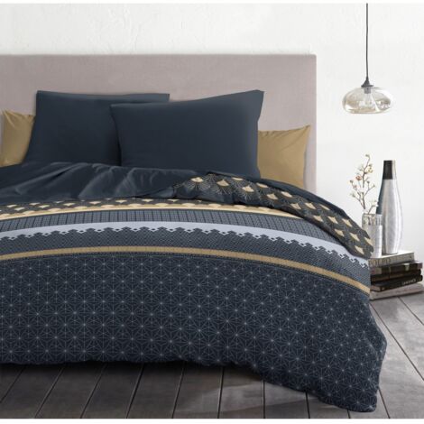 Parure de lit microfibre bleu 220 x 240 cm – Housse de couette et 2 taies zippées – Résistante au lavage – Finitions soignées – Home Linge Passion