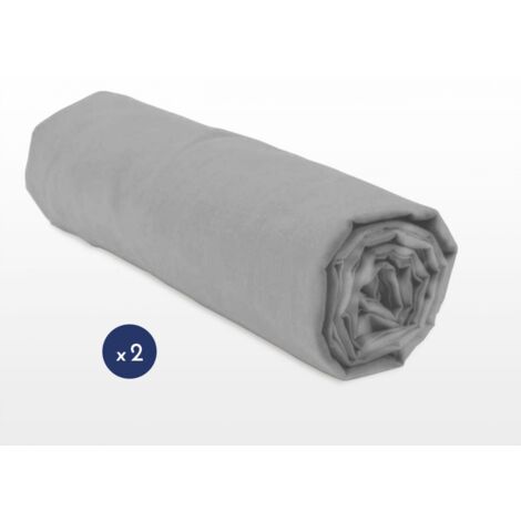 Lot de 2 draps housse uni coton 57 fils gris clair 140 x 190 cm bonnet 25 cm